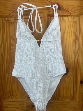 Charlie Holiday White Smocked One-Piece Swimsuit with Bead Detail